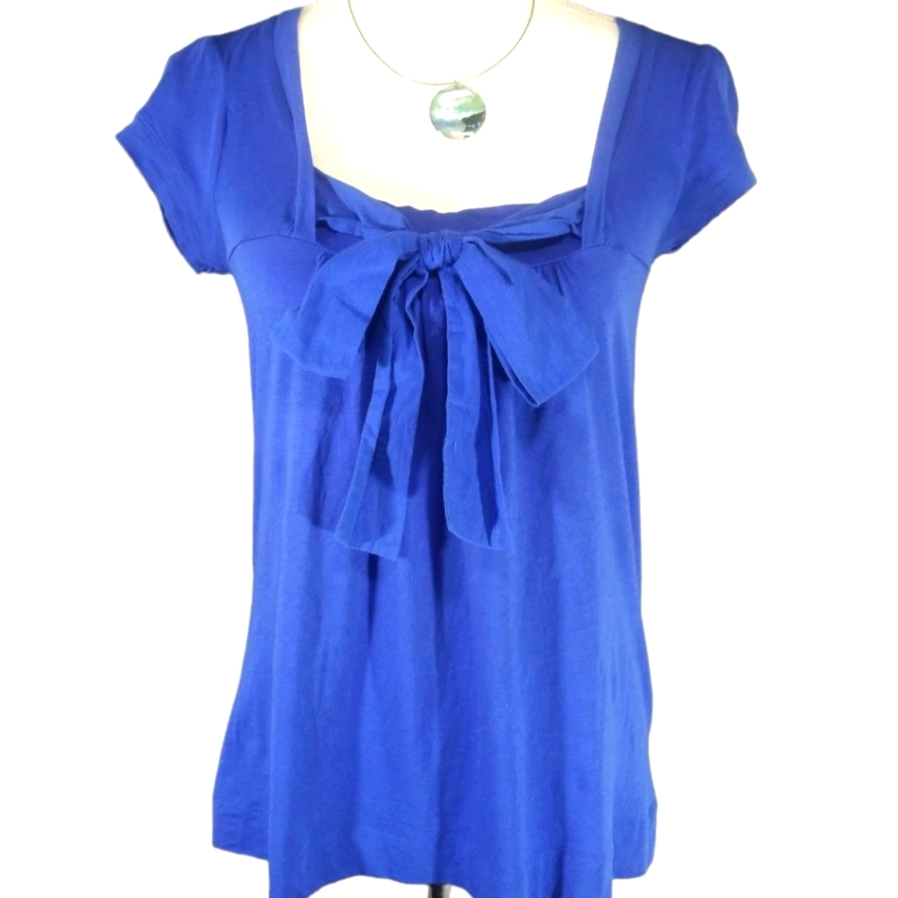Theory Blue Short Sleeves Top, Bow and ruched detail.  S